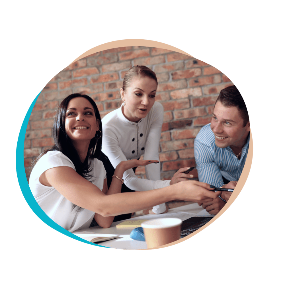 three people laughing on company meeting