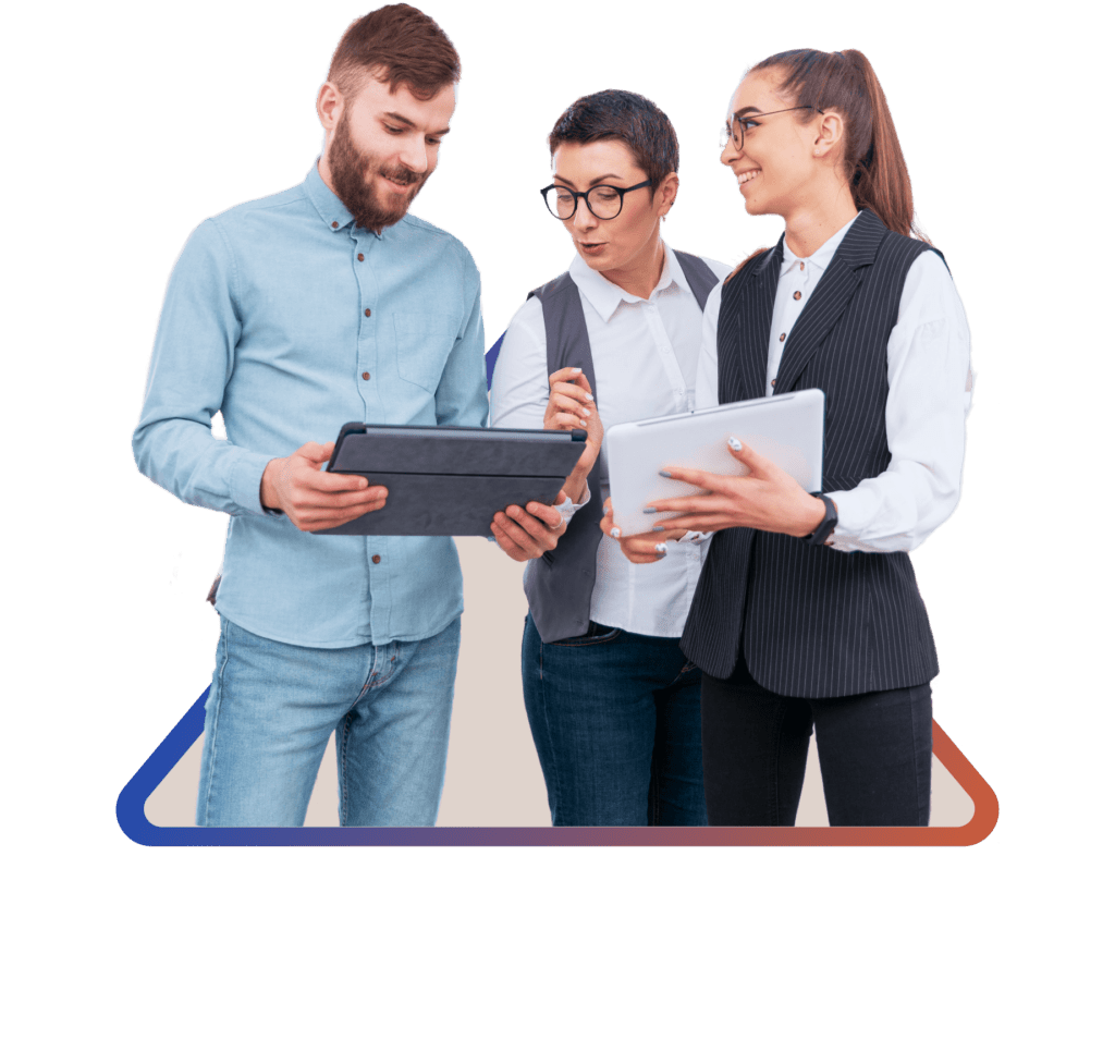 three people checking some data on tablet